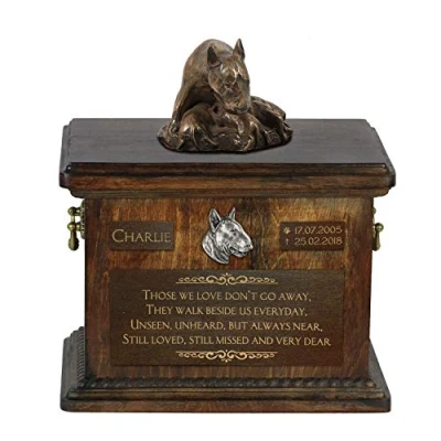 Afbeelding van Bull Terrier VIII gepersonaliseerde urn hond met beeldje voor hondenas