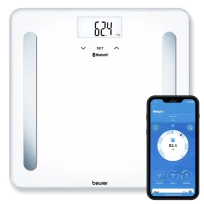 Afbeelding van Beurer BF 600 Pure Bluetooth® Personenweegschaal Lichaamsanalyse Smart HealthManager Pro app BMI/AMR/BMR Verlicht Wit display Tot 180 kg 8 Gebruikers 30 x cm Veiligheidsglas Incl. batterijen 5 Jaar garantie
