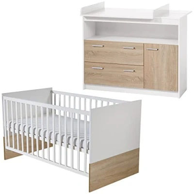 Afbeelding van roba Gabriella Ensemble chambre d&#039;enfant 2 pièces avec lit bébé 70 x 140 cm &amp; commode à langer large bicolore