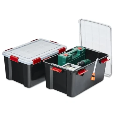 Afbeelding van Iris Ohyama, Luchtdichte opbergdoos, 50 l, 2 stuks, zwart, deksel met waterdichte afdichting, 6 sluitclips, stapelbaar, voor buiten, garage, kleding, stofdicht, BPA vrij, AT L