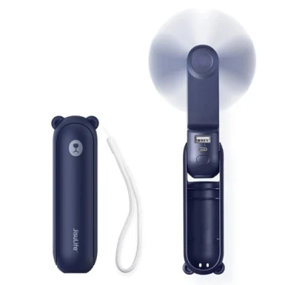 Afbeelding van JISULIFE Draagbare mini ventilator, 3 in 1 handventilator, oplaadbare zakventilator, op batterijen werkende ventilator [14 21 uur werk] met powerbank, zaklampfunctie, blauw