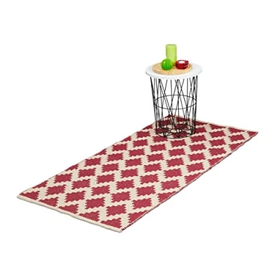 Afbeelding van Relaxdays vloerkleed katoen tapijt 70 x 140 cm karpet antislip ruitjes rood