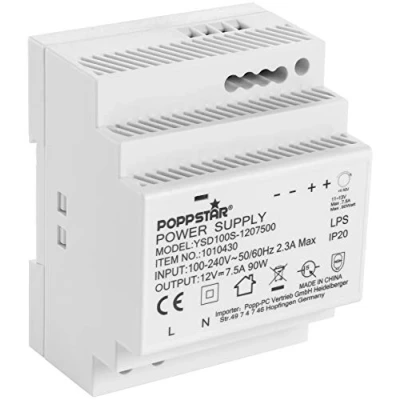 Afbeelding van Poppstar Adapter voor DIN rail Output 12 V DC 7,5 A 90 W (ingang 100 240 AC 50/60 Hz) voeding / Trafo 70 x 58 mm, wit