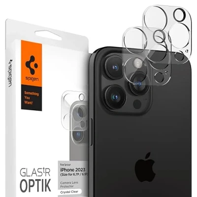 Afbeelding van Spigen Glas.tR Optik camerabescherming compatibel met iPhone 16 Pro/Pro Max, 15 14 2 stuks, transparant, kristalhelder, krasbestendig, hardheid 9H