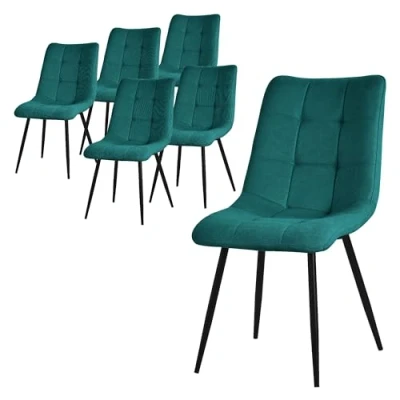Afbeelding van Eetkamerstoelen set van 6 petrol keukenstoelen met polyester bekleding en stalen poten ML design