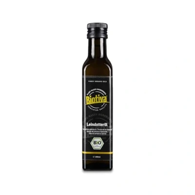Image de Biotiva Huile de lin bio pressée à froid 250 ml 100 % naturelle Doux et légèrement tranchante Idéale pour les salades, pesto sauces Qualité supérieure