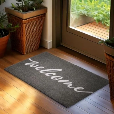 Afbeelding van BRUBAKER deurmat voor buiten en binnen, Welcome, 45 x 75 cm, vuilvangmat van 100% kokos, antislip voetveger, weerbestendig antislip, outdoor huisdeur, grijs