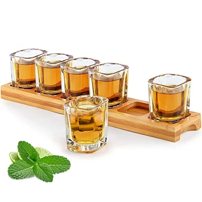 Afbeelding van Set van 6 borrelglazen en 60 ml met dienblad voor cocktails, dranken, transparante kristallen glazen likeuren, whisky, cognac, wodka, rum, thuis, feest