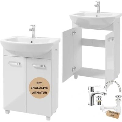 Afbeelding van Deftrans Meuble de salle bain avec lavabo et robinetterie 85 x 50 40 cm Blanc brillant robinet prise à clic