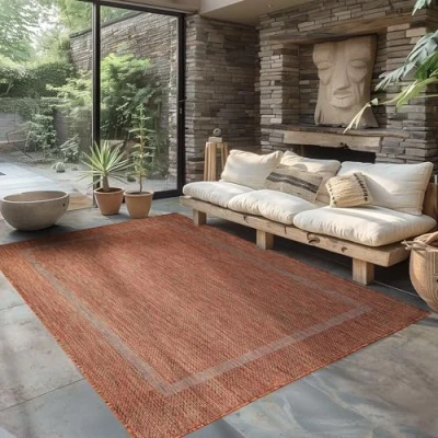 Afbeelding van Outdoortapijt, effen, weerbestendig, voor terras, balkon, tuin, keuken, sisal look, koperkleurig, afmetingen: 120 x 170 cm