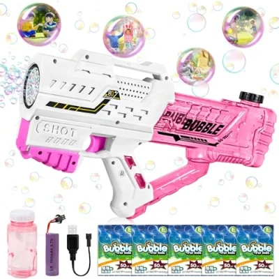 Afbeelding van Bellenblaasmachine, zeepbellenpistool voor kinderen, automatisch bellenblaaspistool met bubbelconcentraat, bubbelspeelgoed, cadeau zomerspeelgoed, outdoor activiteit (roze)