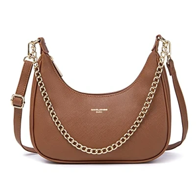 Afbeelding van David Jones Handtas met schouderriem, heuptas, dames, tas kettingen, kunstleer, stijf, onder de schouder, arm, tas, stadstas, modieus, elegant, Cognac bruin, Elegant