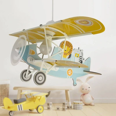 Afbeelding van Dalber Lustre Chambre Lampe Suspension Enfant avion lion bleu animaux, 54602, E27 15w led