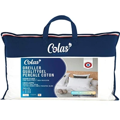 Afbeelding van COLAS NORMAND Hoofdkussen QualityGel Percal 100% katoen stevig 45 x 70 cm neksteun hotelkwaliteit zacht gemaakt in Frankrijk wit