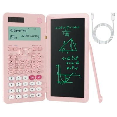 Afbeelding van NEWYES calculatrice scientifique rechargeable avec tablette d&#039;écriture, Kawaii rose bloc notes effaçable, fournitures scolaires pour étudiants professionnels Simplifiez les calculs