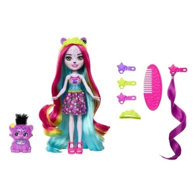 Afbeelding van Enchantimals Sunshine Beach Persida Panther en Mistery pop met gekleurd haar, haaraccessoires, bedrukte rok panterdier, cadeau voor jongens meisjes vanaf 4 jaar