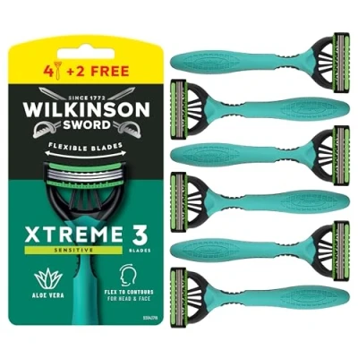 Image de Wilkinson Sword Xtreme 3 Sensitive Lot de 4 rasoirs jetables avec lames souples et bande lubrifiante à l&#039;aloe vera la vitamine E