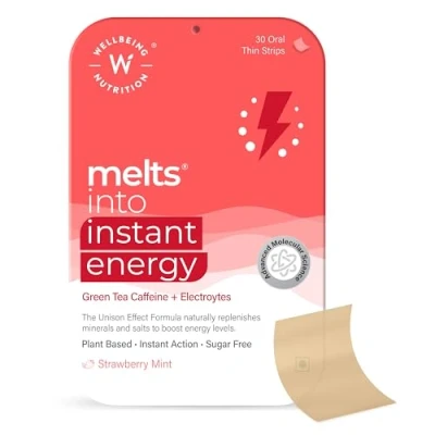 Afbeelding van B12 &amp; Caffeine Elektrolyten Instant Energy Smeltblaadjes (geen capsule geen water) Vitaminen en Mineralen Supplement Snel oplossende orale vegan strips 30 Aardbei Mint Smaak Wellbeing2day MELTS