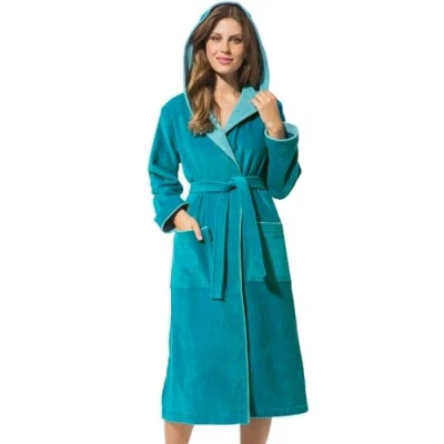 Afbeelding van Morgenstern Badjas voor dames met capuchon, 100% katoen, badstof, Leonie fluweel, Oeko Tex gecertificeerd., Benzine Blauw