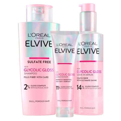 Afbeelding van L&#039;Oréal Paris Elvive Glycolic Gloss Balsem 150 ml + 200 shampoo serum zonder uitspoelen voor uitgestorven en poreus haar, intensieve langdurige glans, 3 flessen