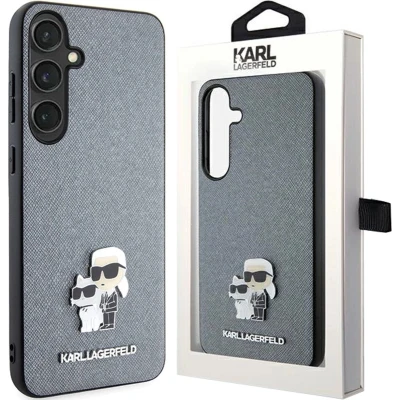 Afbeelding van Karl Lagerfeld Saffiano Karl&amp;Choupette Metalen Pin hoesje voor Samsung Galaxy S24+ grijs