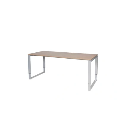 Afbeelding van Domino Plus bureau, hoogte instelbaar (62 85cm) met 180x80cm &#039;zwevend&#039; havana/ kersen licht 25mm blad en aluminium (RAL9006) O poot frame