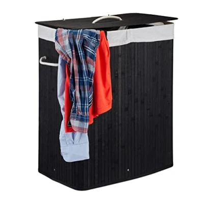 Afbeelding van Relaxdays wasmand 2 vakken bamboe wasbox 95 liter opvouwbaar met deksel zwart
