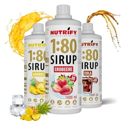 Afbeelding van NUTRIFY Vital Fitness Drink 1:80 siroop 3 x 1 liter, set van geconcentreerde dranken met vitaminen en L carnitine zonder suiker, voor 240 liter sportdrank, caloriearm, ananas, aardbei