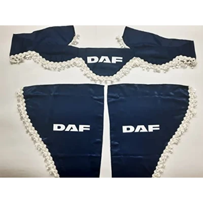 Afbeelding van Set van 3 decoratieve gordijnen pluche met witte pompons voor DAF vrachtwagens (blauw)
