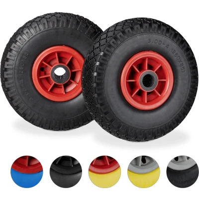 Afbeelding van Relaxdays steekwagenwiel 2 stuks 25 mm kunststof velg anti lek band 3.00 4 inch zwart rood