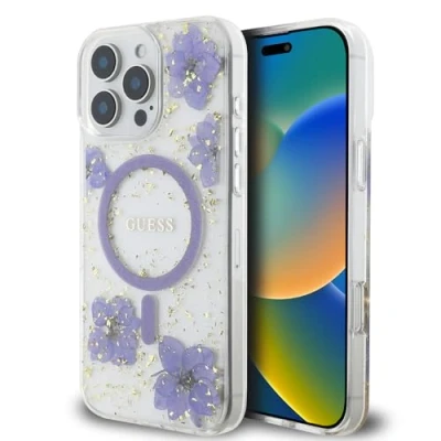 Afbeelding van CG MOBILE Guess HC Telefoonhoesje ontworpen voor iPhone 16 Pro, duurzaam, schokbestendig, compatibel met MagSafe, paarse harsbloemen
