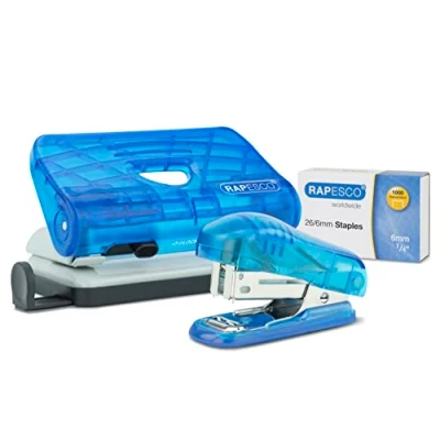 Afbeelding van Rapesco 1719 Bug nietmachine en 810 P perforator 2 gaten met 1000 nietjes 26/6 mm, blauw transparant