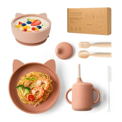 Afbeelding van COOLABLE Babymaaltijdset van siliconen, BPA vrij, 6 delig, kom en bord met zuignap, beker, vork lepel, vaatwasser magnetronbestendig, stoffig roze