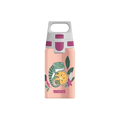 Image de SIGG Gourde Enfant En Acier Inoxydable Shield One Flore Convient Aux Boissons Gazeuses Étanche &amp; Légère Sans BPA Rose Avec Caméléon 0,5L