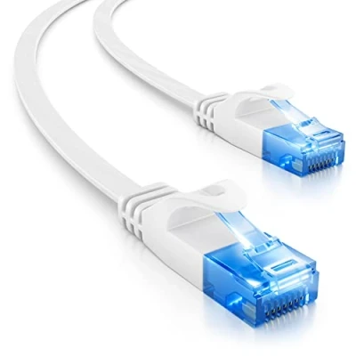 Afbeelding van deleyCON 20 m CAT6 netwerkkabel, plat, 1000 Mbit Gigabit LAN Cat 6 RJ45 Ethernet patchkabel plat voor internet switch router modem patchpaneel wit