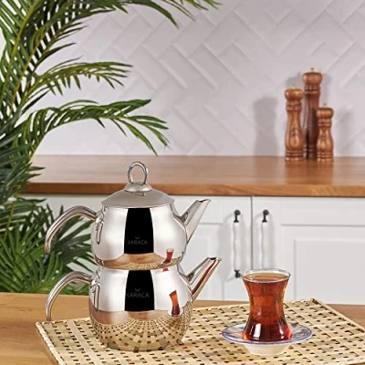 Afbeelding van Karaca Adelya Caydanlik Mini theepot van metaal, 0,65 l + theepotdeksel 1,1 l, Turkse roestvrij staal, inductiebestendig, vaatwasmachinebestendig