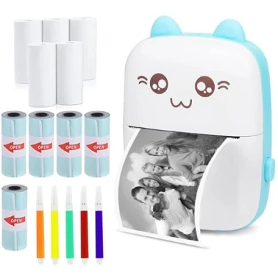 Afbeelding van thermisch labelprinter met USB oplader, draagbaar, bluetooth, draadloze fotoprinter, compatibel Android of iOS 1 rol papier (blauw)