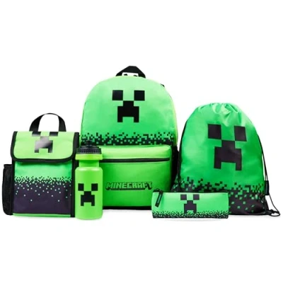 Afbeelding van Minecraft Sac à Dos Enfant 5 Pièces Bouteille d&#039;Eau Repas Isotherme Kawaii Trousse Cordon ou Lanière et Porte Clés (Vert)