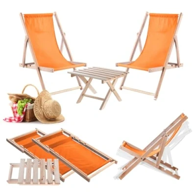 Afbeelding van KADAX Klaptafel met 2 ligstoelen, kleine houten tuintafel, bijzettafel voor balkon en tuin, opvouwbare salontafel (oranje)