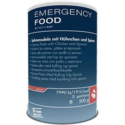 Afbeelding van Trek&#039;n Eat Emergency food Romige pasta met kip en spinazie in blik 5 porties 15 jr houdbaar Noodpakket Noodrantsoen Vriesdroogmaaltijd Rantsoen Outdoormaaltijd Survival Overlevingspakket