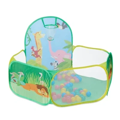 Afbeelding van Relaxdays ballenbak met basketbalnet pop up kinder ballenbad speelbak 50 ballen