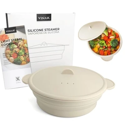 Afbeelding van VINAK siliconen stoompan voor magnetron en oven. Opvouwbare stoomkoker van 1200 ml, folie, snel gezond stomen, gemakkelijk schoon te maken in de vaatwasser.
