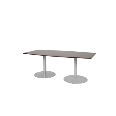 Afbeelding van Linesto 200x100cm tonvormige vergadertafel op vaste hoogte (74cm) met logan eiken 25mm blad en aluminium (RAL9006) trompetvoeten
