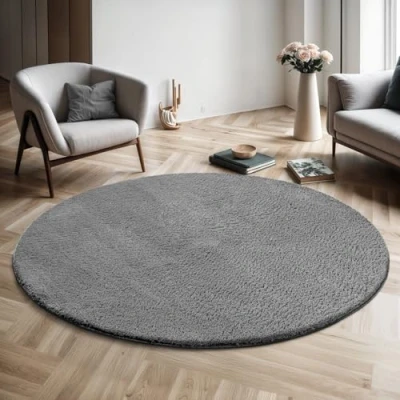 Afbeelding van The carpet Relax Modern tapijt met korte en pluizige pool, antislip onderkant, wasbaar tot 30 graden, super zacht, vachtlook, antraciet, 120 cm, rond