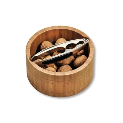 Afbeelding van FSC® Bamboe schaal met Notenkraker Rond Nutcracker Notenkrakers metaal ronde noten 17 x17 x 8 Cm