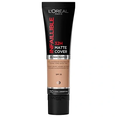 Image de L&#039;Oréal Paris Fond de Teint Mat Haute Couvrance Waterproof Longue Tenue Léger &amp; Matifiant SPF 25 Infaillible 32H Matte Cover Teinte : 110 Sous Ton Rosé 30 ml