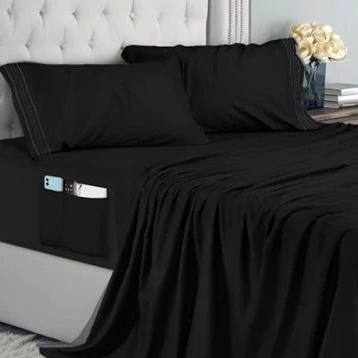 Afbeelding van Utopia Bedding geborduurd beddengoed, 4 delig (180 x 200 cm, zwart) beddengoed voor tweepersoonsbed, polyester microvezel, hoeslaken met opbergzakken, laken en 2 kussenslopen,