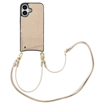Afbeelding van Selencia Hoesje Geschikt voor iPhone 16 met Pasjeshouder Nova Croco Backcover koord en pashouder Beige