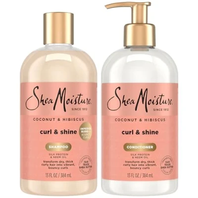 Afbeelding van Shea Moisture Coconut &amp; Hibiscus Curl Shine shampoo en conditioner, set, met zijdeproteïne neemolie, flessen van 384 ml