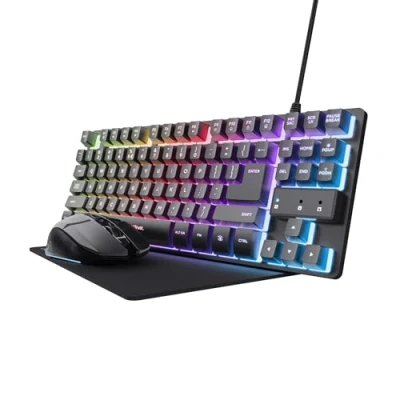 Afbeelding van Trust GXT 1794 Gaming toetsenbordset AZERTY FR met muis en mat, 3 in 1 led pakket, draadloze muis, oplaadbaar, voor gamers, 80 uur batterijduur, verlicht TKL toetsenbord, USB, pc, kantoor, zwart